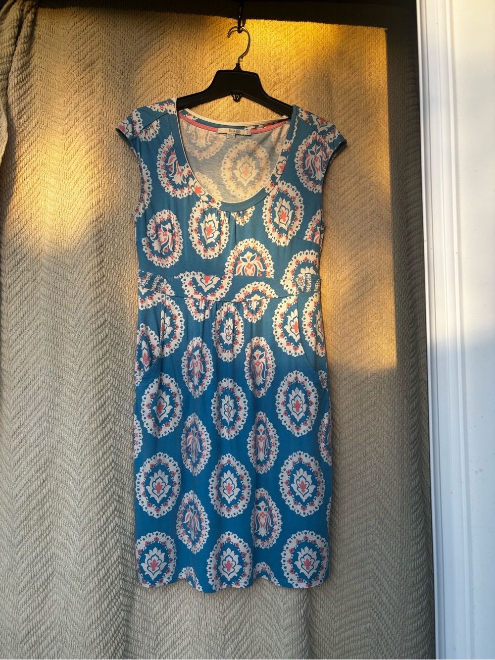 Boden Teal Blue Printed Scoop-Neck Dress with Pink Accents